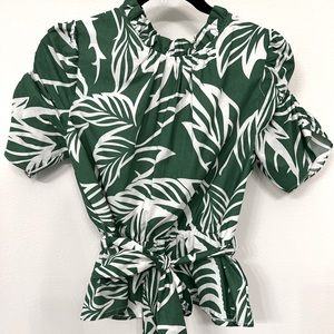 Green and white peplum top with tie